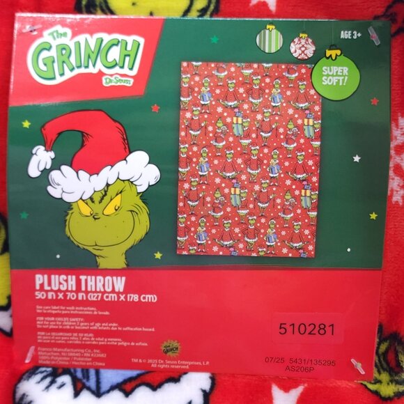 Dr. Seuss The Grinch Plush Throw Blanket 50" x 70" Super Soft Fleece Christmas - Picture 4 of 11